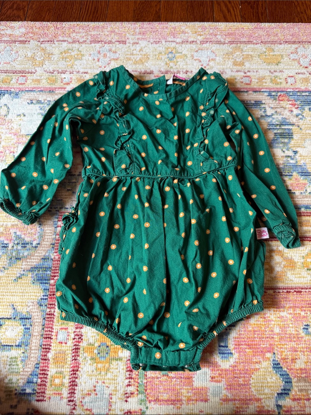 Ruffle Butts Green Long Sleeve Polka Dot One-Piece Bodysuit with Yellow Dots